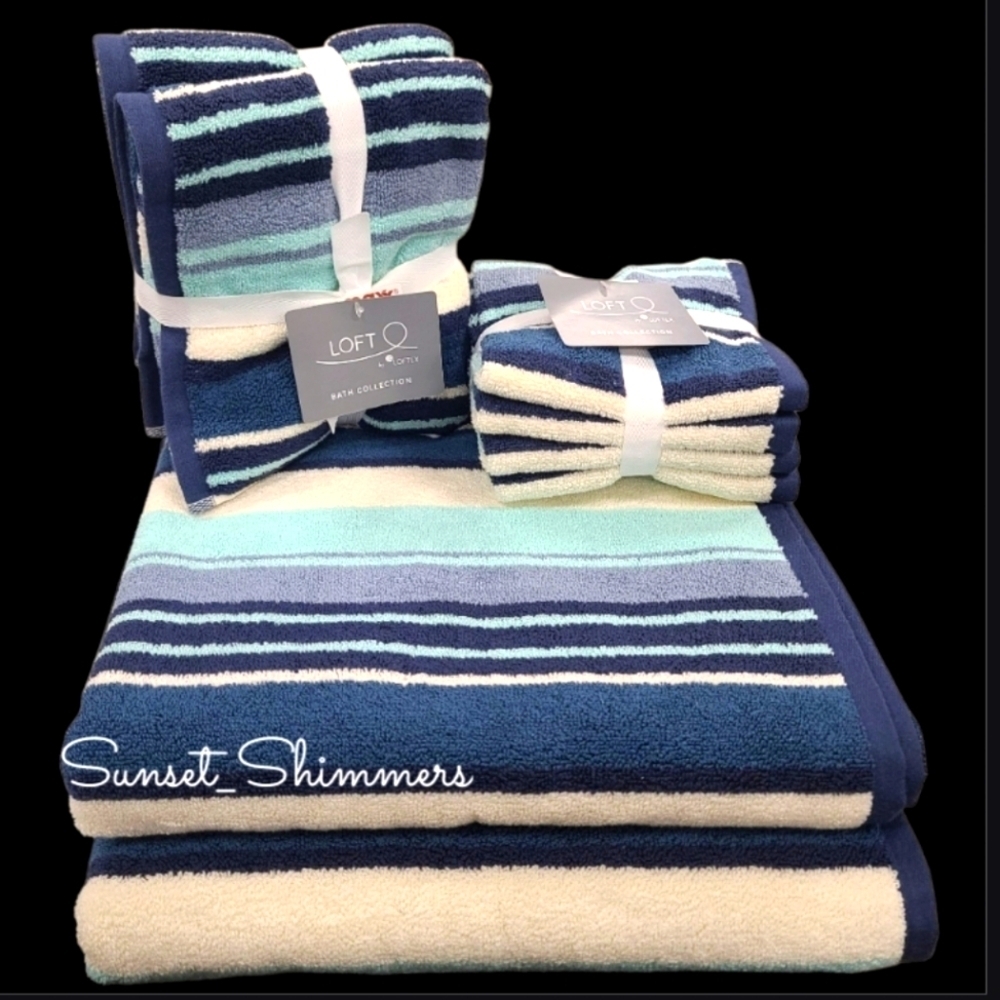 8pc Loft Turquoise Cream Blue Striped Cotton Bath Hand Washcloth Towel Set New - Picture 1 of 10